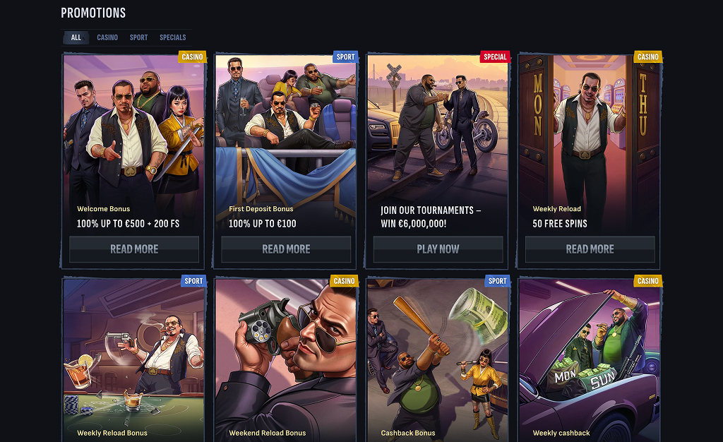 Mafiacasino Promotions — Willkommensbonus, Reload-Aktionen und Cashback